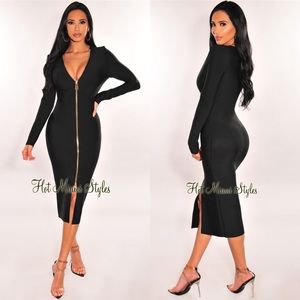 Black Bandage Zipper Slit Long Sleeve Dress Small